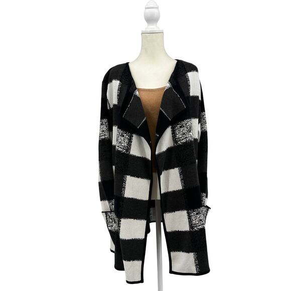 Alfani Open Front Sweater Cardigan Womens L Black/White S/6X617 Monochrome Check - Picture 2 of 7